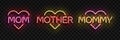 Vector set of realistic isolated neon sign of Mothers Day logo with heart shape for template decoration and covering on the transp